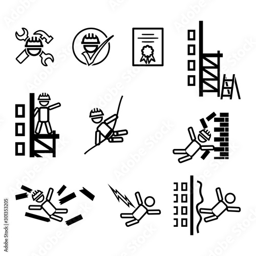 Set of vector simple icons on the topic of construction safety. Black and white symbols of builders, brick wall, scaffolding, electricity, etc.