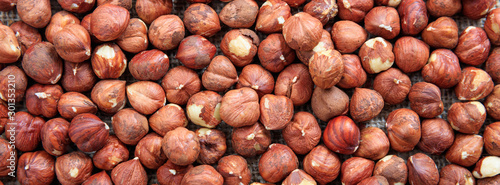 Hazelnuts peeled full background, closeup view, banner