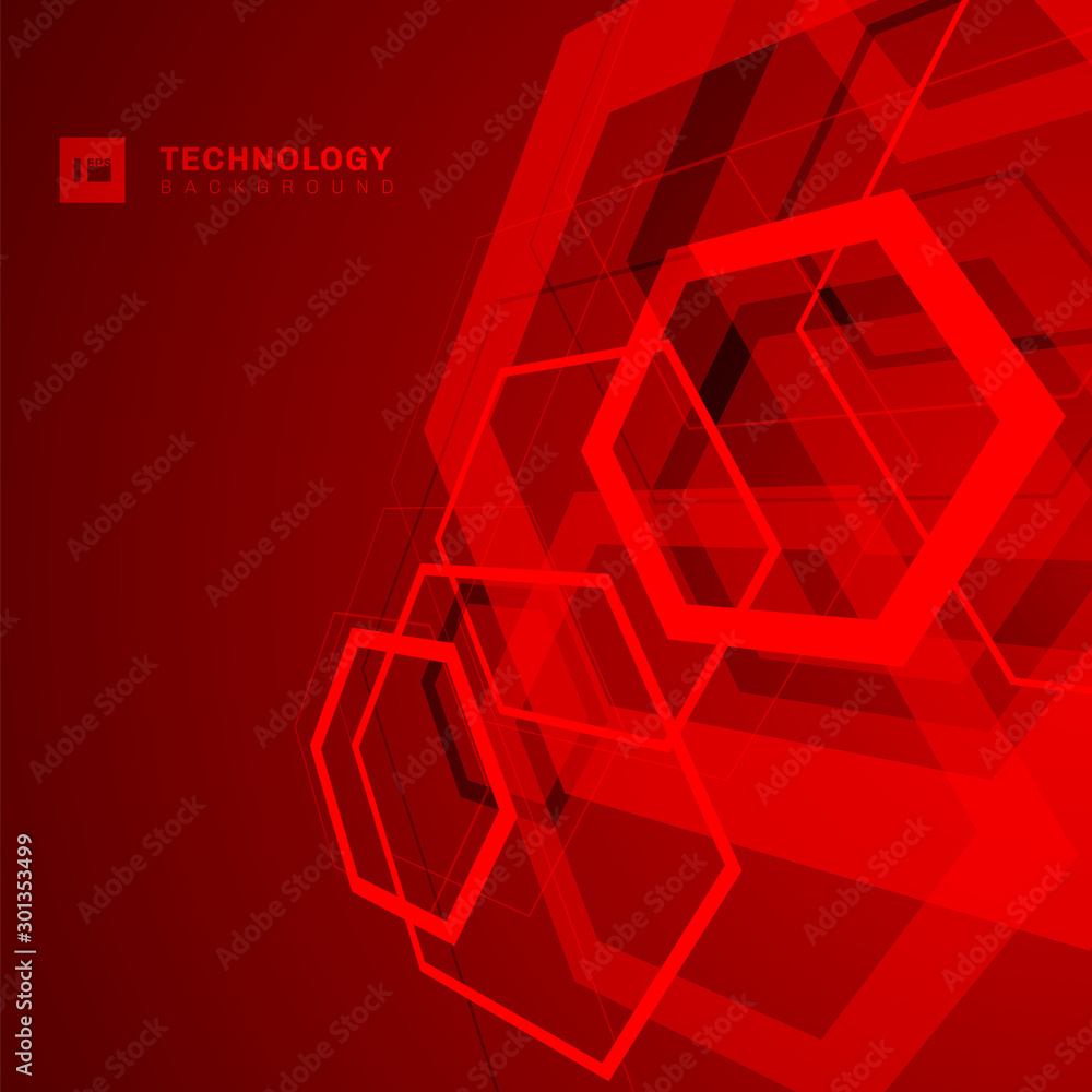 Abstract geometric overlapping hexagon shape technology digital futuristic concept perspective red background with space for your text. - obrazy, fototapety, plakaty 