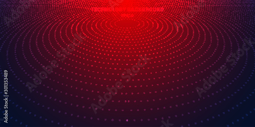 Abstract red radial dots pattern halftone on dark blue gradient background. Technology digital concept futuristic neon lighting.