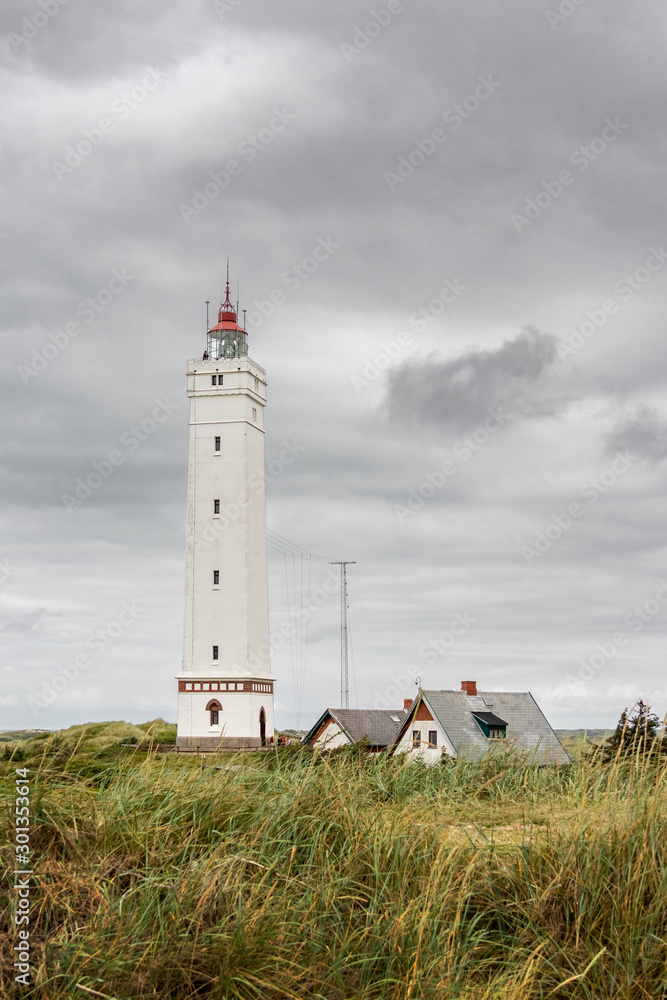 Landscape with the Blåvandshuk Fyr lighthouse at the westcoast of Denmark in Blåvand by the North Sea.