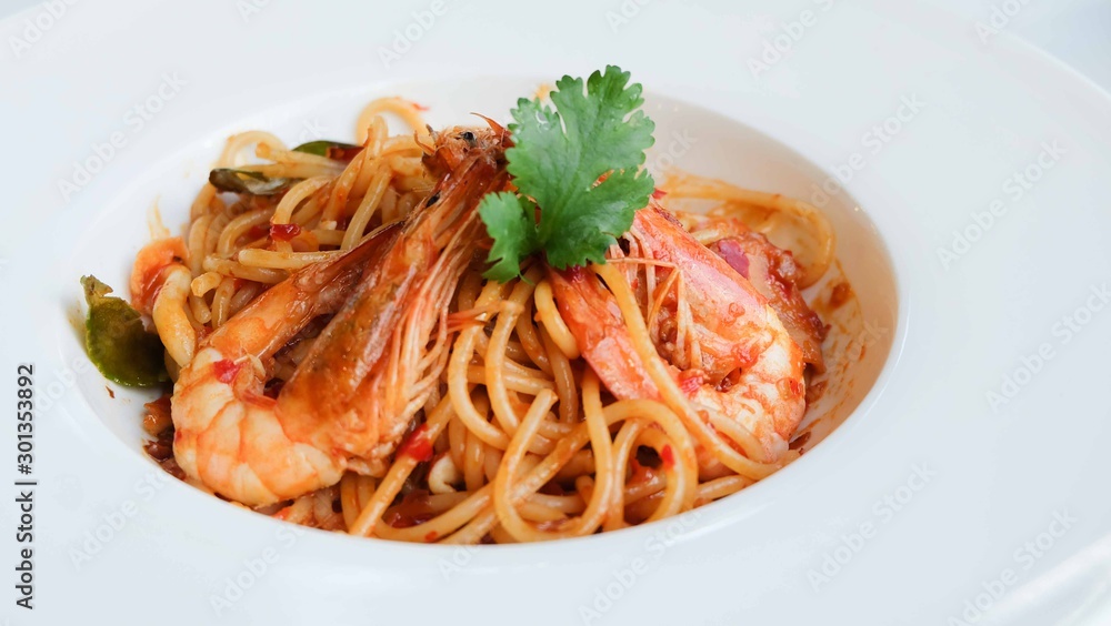 Spaghetti Tom Yum shrimp fusion food Spaghetti Tom Yum shrimp fusion food