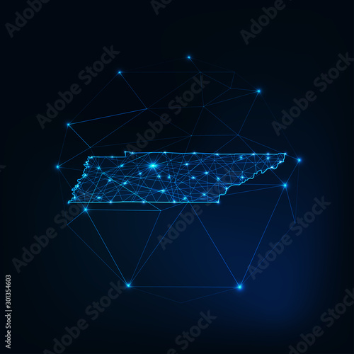 Tennessee state USA map glowing silhouette made of stars lines dots triangles, low polygonal shapes.