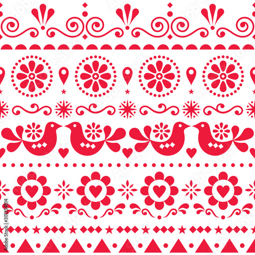 Seamless Scandinavian olk art vector pattern, cute repetitive design with birds and flowers 