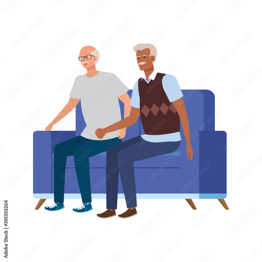 old men seated in sofa avatar character vector illustration design