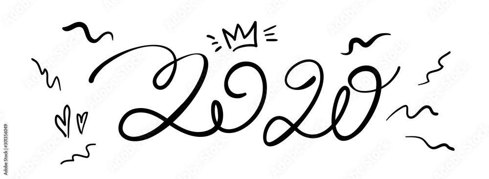 Happy New Year 2020 Handwritten kawaii lettering of 2020 doodle style with a cute crown on white background. 