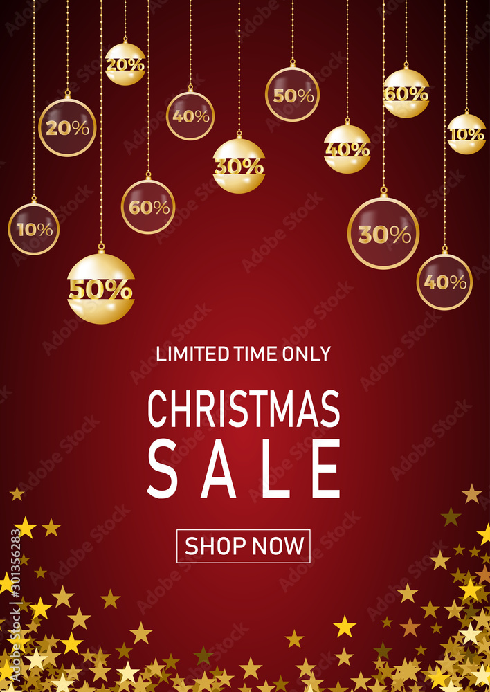 Christmas holiday sale on red background with star. Limited time only. Template for a banner, shopping, discount. Vector illustration for your design