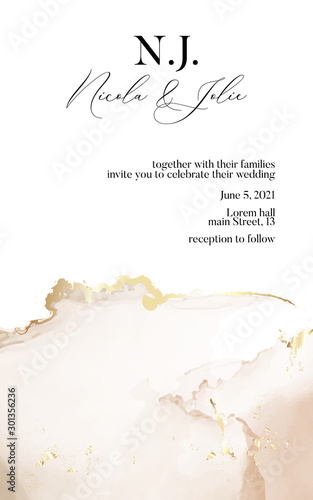 Wedding invitation cards with Luxury gold and soft beige marble texture background and Abstract watercolor liquid flow style vector design template. Save the date invitation card