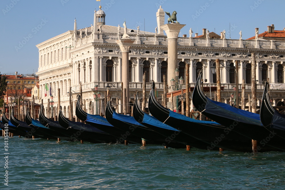 Venice view of Biblioteca Marciana and gondolas