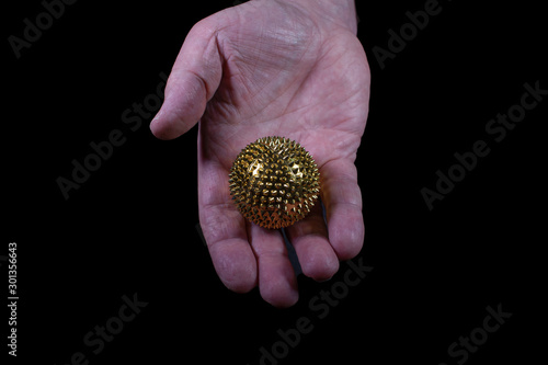 Goldener Igelball von einer Hand gehalten vor schwarzem Hintergrund photo