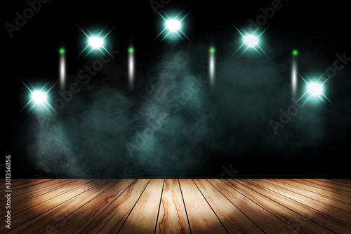 aquamarina lighting and smoke on stage with floor wood