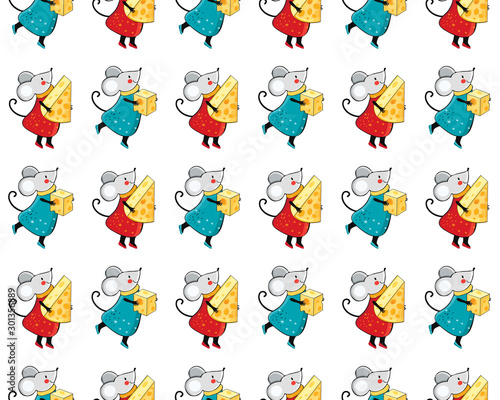 Seamless pattern ute cartoon mouse in vector. Kawaii mouse holds a piece of yellow cheese. Hand drawn funny rat. Chinese symbol 2020 . New year and Christmas background. Animals in the winter