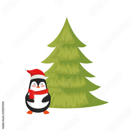 penguin with pine tree of merry christmas vector illustration design
