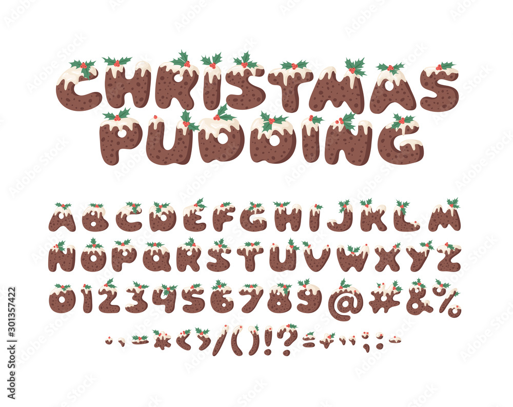 Cartoon vector illustration Christmas Pudding. Hand drawn font. Actual Creative Holidays bake alphabet, numbers and signs Cartoon vector illustration Christmas Pudding. Hand drawn font. Actual Creative Holidays bake alphabet, numbers and signs