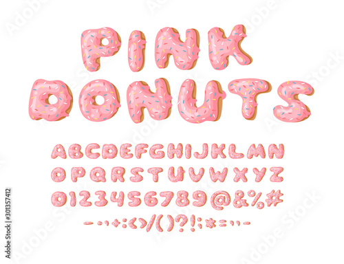 Cartoon vector illustration donut. Hand drawn font with sweet bun. Actual Creative art bake alphabet