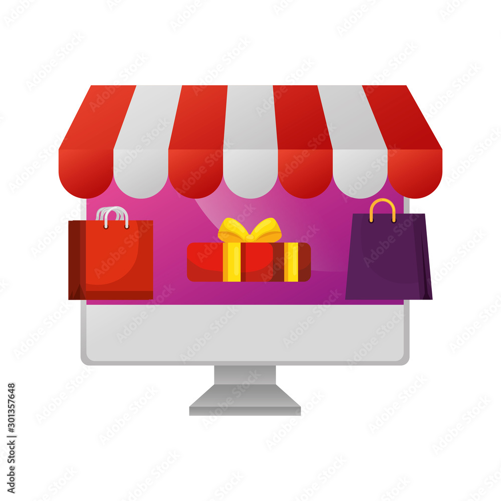 computer with bags shopping and gift box vector illustration design computer with bags shopping and gift box vector illustration design