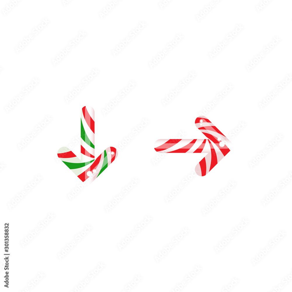 Striped peppermint candy arrows set. Vector icon isolated on white background.