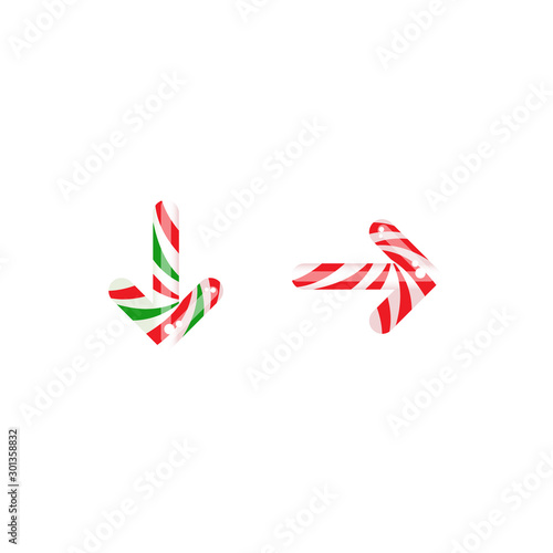 Striped peppermint candy arrows set. Vector icon isolated on white background.