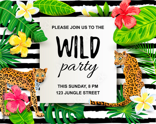 Leopards with tropical leaves, flowers, wild party invitation. Place for text. Vector illustration for flyer, birthday, tropical party, banner.