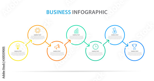 business infographic template, thin line circle design with icon and 7 option or step, vector eps 10