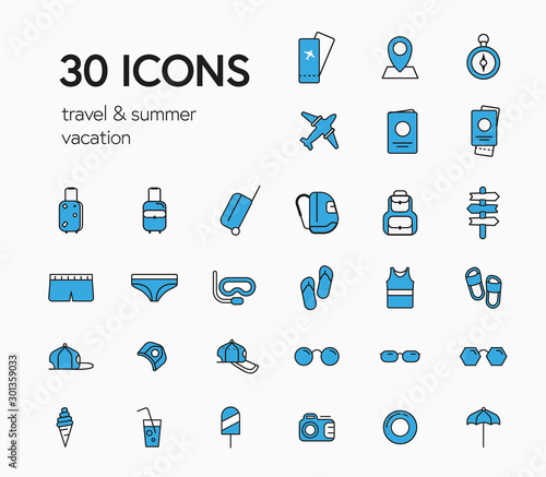 Collection of icon illustrations in the form of casual, sportswear with thin lines.. Design vector signs and clothes on a white background for travel and summer vacation.
