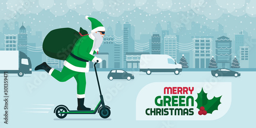 Eco friendly green Santa carrying gifts on a kick scooter