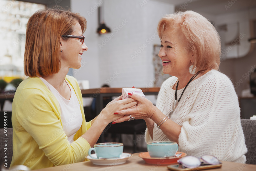 Lovely senior woman receiving a present from her mid aged daughter. Mother and daughter exchanging gifts Lovely senior woman receiving a present from her mid aged daughter. Mother and daughter exchanging gifts