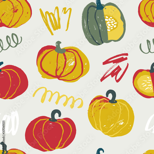 Seamless pattern with hand drawn rough pumpkins