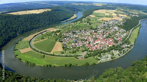 aerial view, Flight at  Binau Castle at river Neckar, Region Odenwald, Baden-Württemberg, Germany