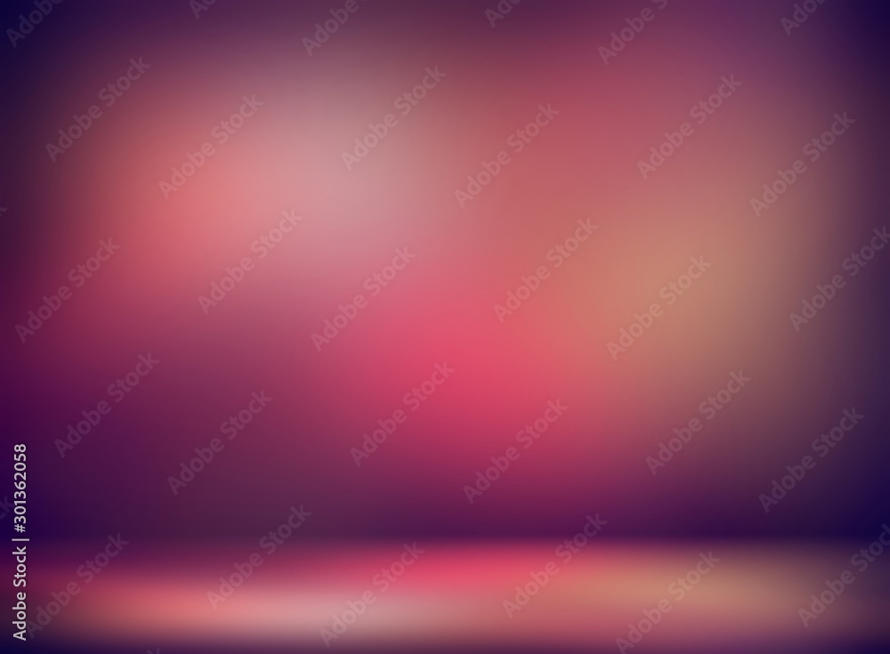 Pink red maroon gradient 3d background. Violet dark smoky vignette and lens flare pattern. Old room illustration. Abstract wall and floor. Retro studio interior.