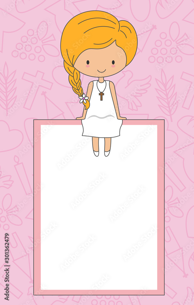 My first communion card. Girl sitting in a frame My first communion card. Girl sitting in a frame