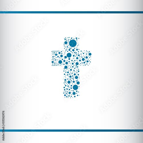 Blue cross consisting of dots on the white background. Christian symbol. Logo design template. Vector illustration