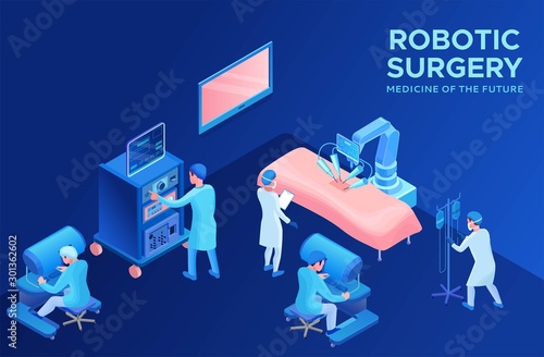 Robotic surgery operating, smart surgical robotic technology, isometric 3d vector illustration with ai and robot in medical treatment, artificial intelligence in healthcare