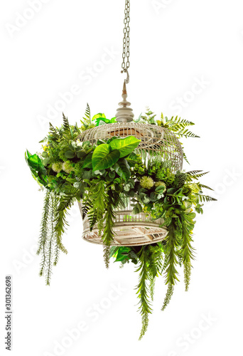 wooden birdcage decorated with green leaves pattern isolated on white background