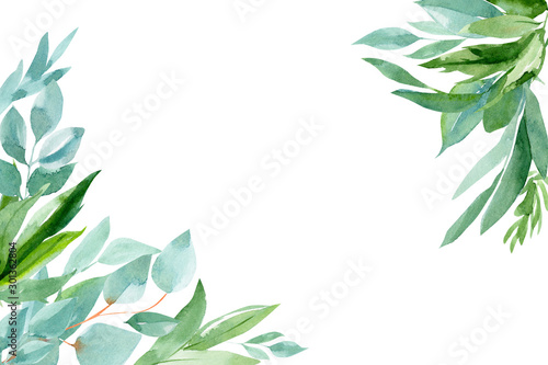 Greeting card  invitation with place for text  abstract  leaves  eucalyptus on an isolated white background  watercolor  hand-drawing