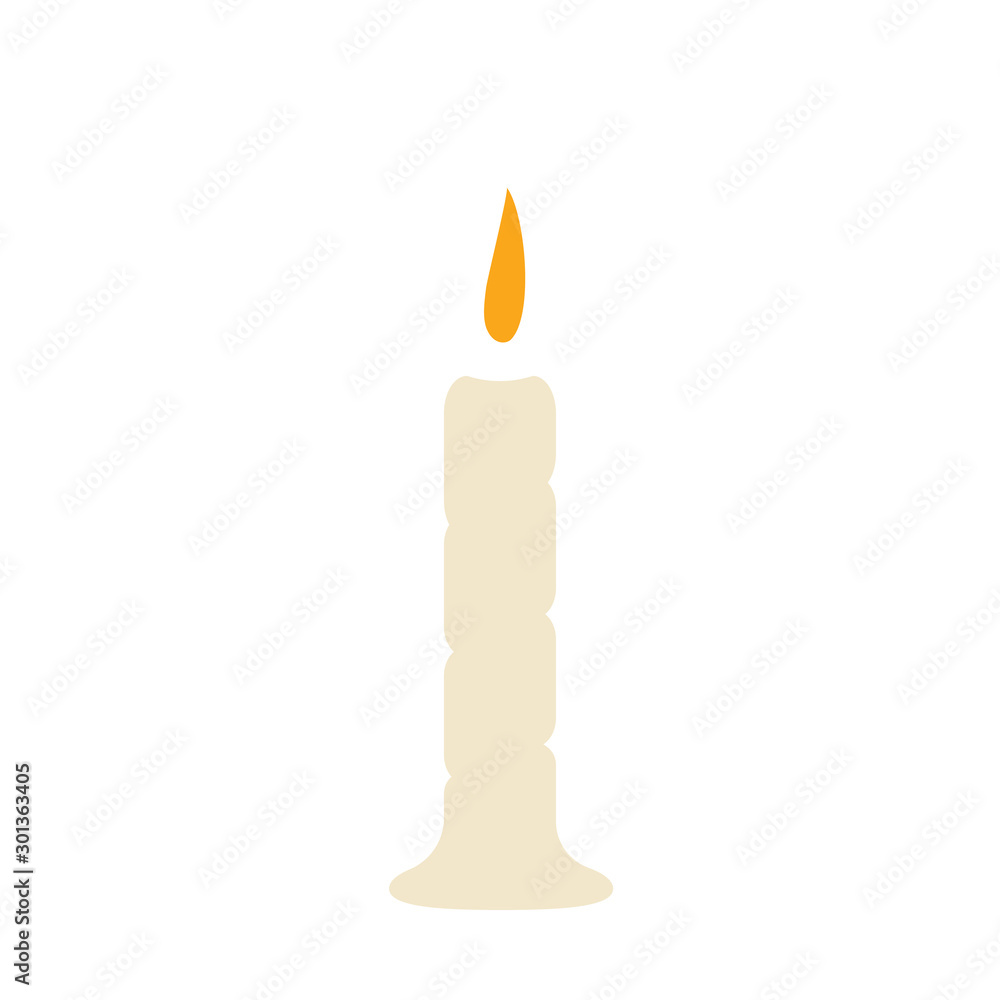 Single candle with fire on a white background with molten wax at the base. Vector simple illustration in cartoon style. Single candle with fire on a white background with molten wax at the base. Vector simple illustration in cartoon style.