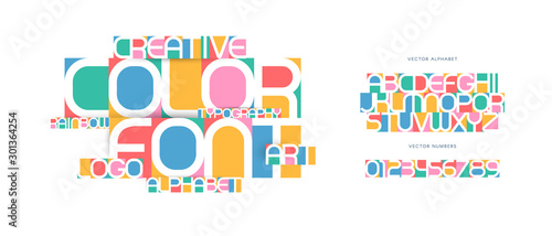 Colorful letters and numbers set. Colored vector latin alphabet. Rainbow color font. Creative applique ABC, negative space monogram, art logo and poster template. Typography design.
