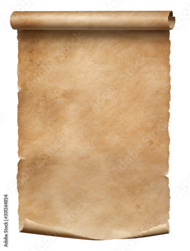Old worn paper scroll isolated on white with dirty spots