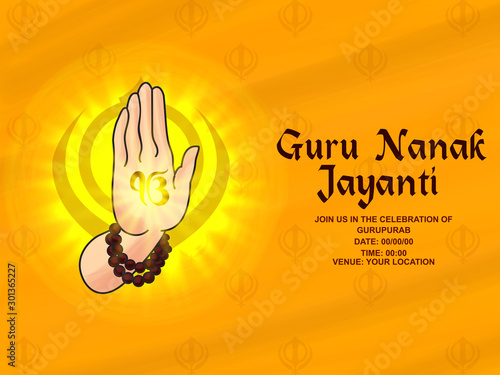 Illustration of hand in Happy Gurpurab, Guru Nanak Jayanti festival of Sikh celebration with brushes background with typography of Guru Nanak Jayanti_Vector, Illustration. photo
