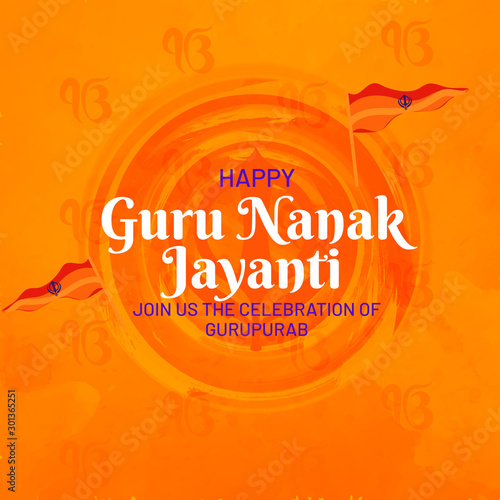 Happy Guru Purab. Creative illustration,Header or banner with flag, brush background of Guru Nanak Jayanti celebration_Vector, Illustration.