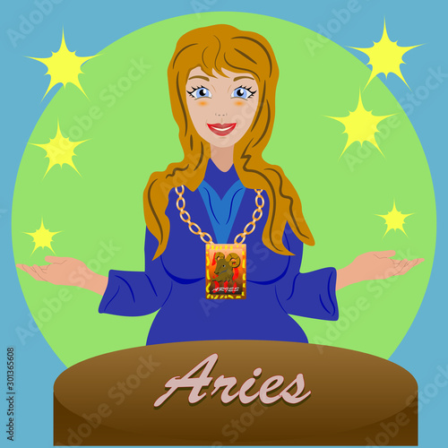 blonde astrologer with ram sign of fire signs at the table and smiling with stars