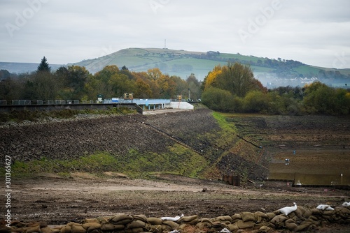 Toddbrook Reservoir, Whaley Bridge, High Peak image after dam collapse disaster, showing temporary repair and drained reservoir photo