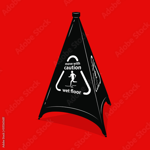 Caution sign triangle with text - Move with caution wet floor. For malls, hotels, trane stations, airports and other public places. Vector illustration.