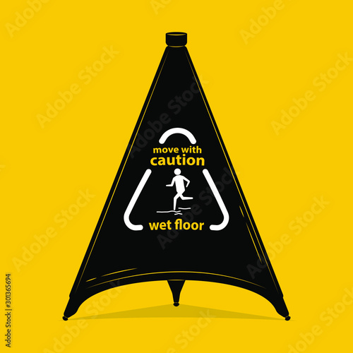 Caution sign triangle with text - Move with caution wet floor. For malls, hotels, trane stations, airports and other public places. Vector illustration.