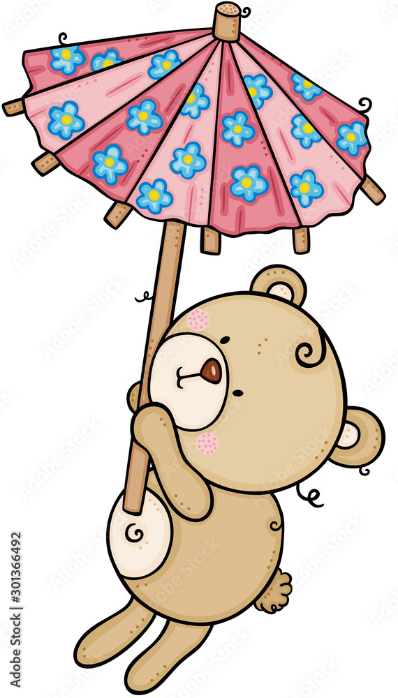 Cute teddy bear flying holding a funny small umbrella Cute teddy bear flying holding a funny small umbrella