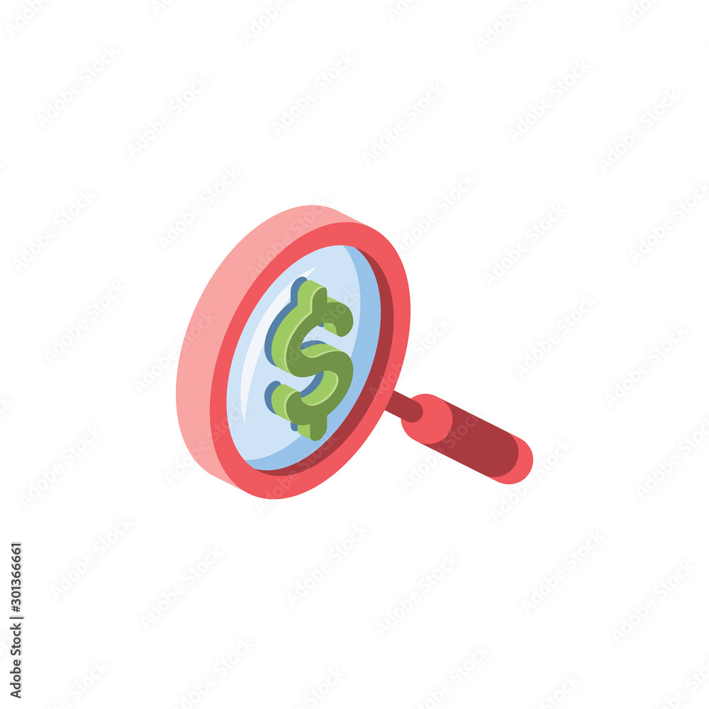 Obraz premium Search dollar investment analytics. Vector 3d isometric, color web icon, new flat style. Creative illustration design, idea for infographics.