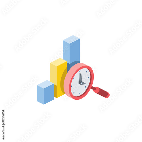 Search clock time chart. Vector 3d isometric, color web icon, new flat style. Creative illustration design, idea for infographics.