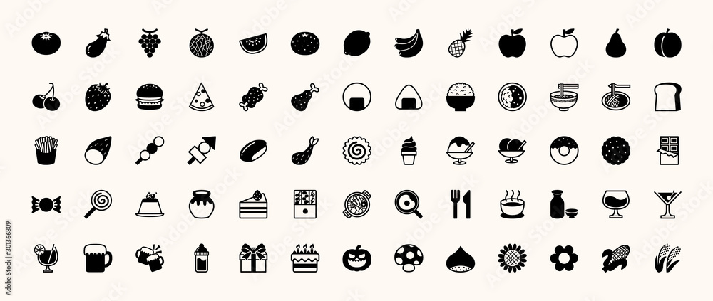 Naklejka premium Food ingredients and dishes icons stock illustration. Food and Drinks Vector Icons Set