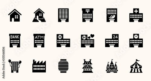 Buildings Vector Icons Set. Building Construction, Fabric, Hotel, Apartments Stock Illustrations Collection