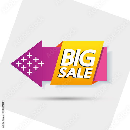 commercial label with big sale offer lettering and arrow vector illustration design